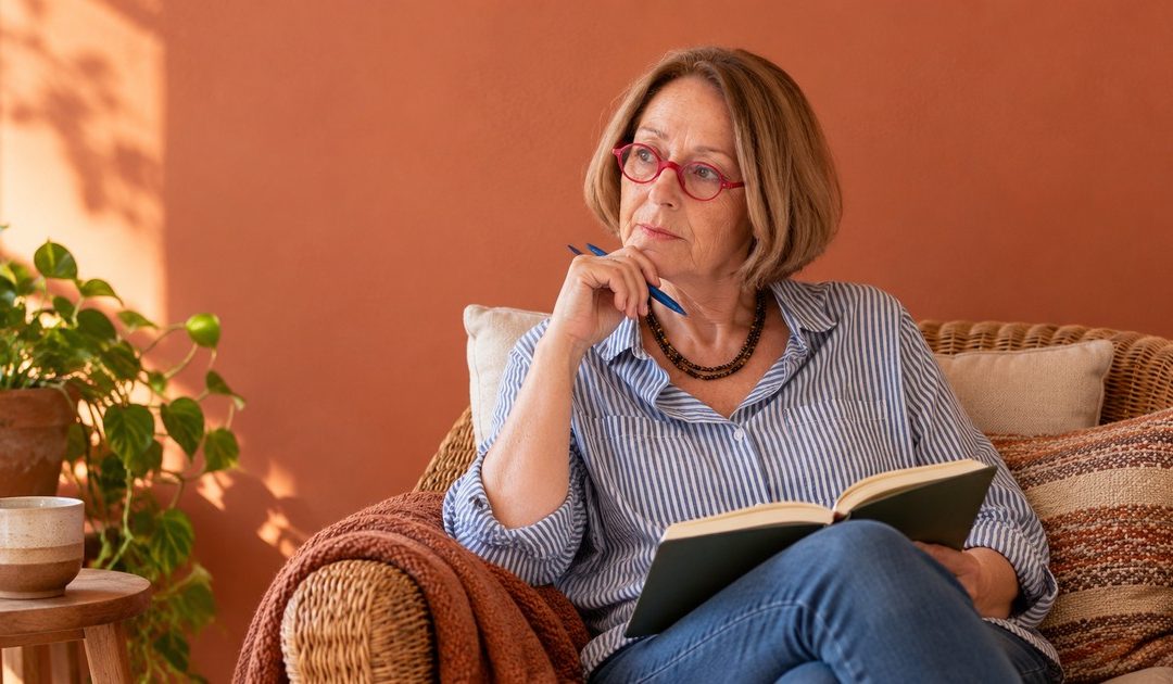 A woman with a brown bob and glasses reflects in a comfortable woven chair, a small journal open on her lap.