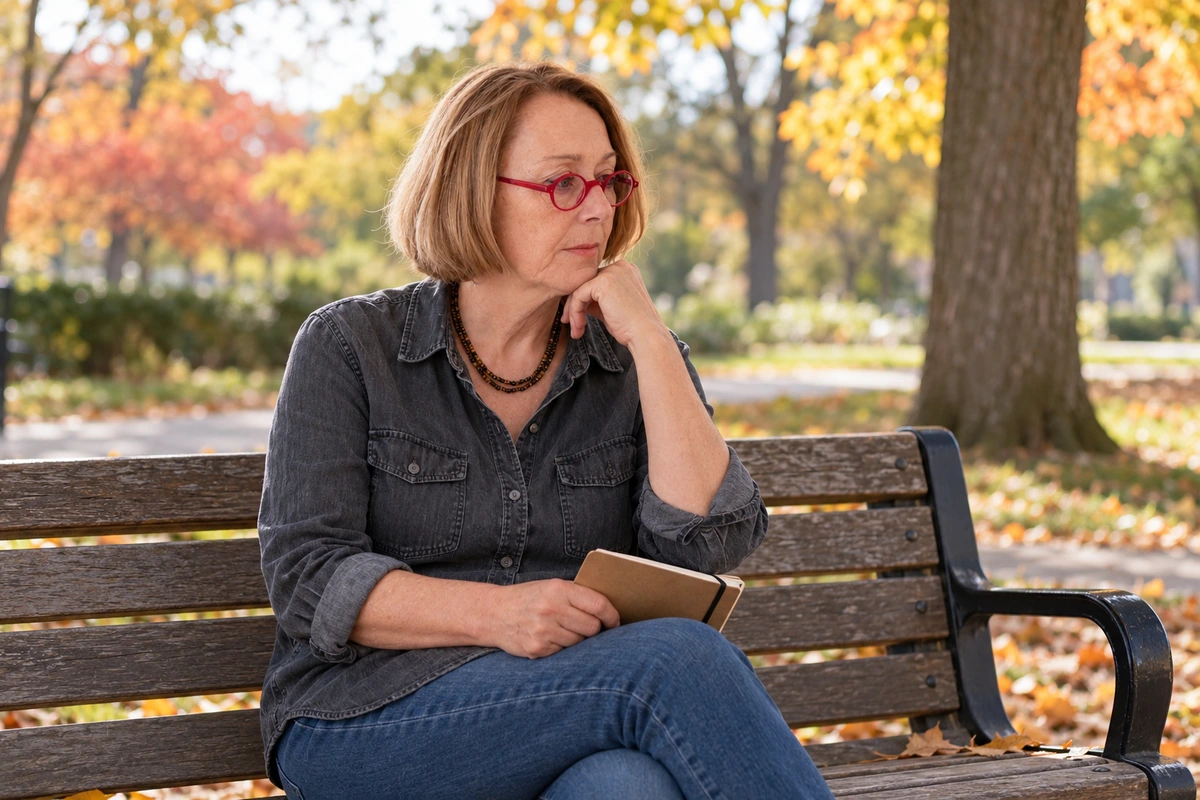 Woman holding a closed notebook while reflecting on a park bench