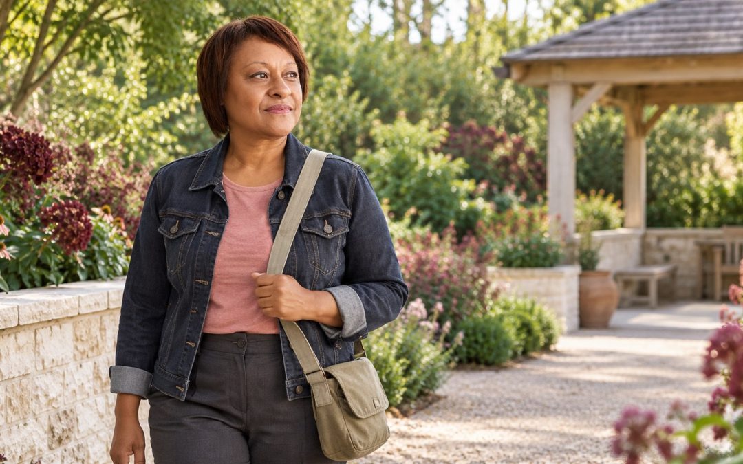 Woman in a denim jacket and rose shirt standing beside a garden wall with a canvas shoulder bag.